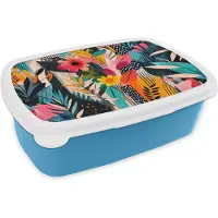 MuchoWow Broodtrommel Blauw - Lunchbox Schilderij - Abstract - Bloemen - Roze - Brooddoos 18x12x6 cm - Brood lunch box - Broodtrommels voor kinderen en volwassenen
