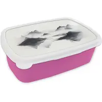 MuchoWow Broodtrommel Roze - Lunchbox Bergen - Mistig - Water - Wit - Brooddoos 18x12x6 cm - Brood lunch box - Broodtrommels voor kinderen en volwassenen