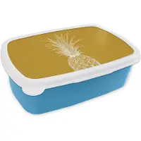 MuchoWow Broodtrommel Blauw - Lunchbox Lijnillustratie - Ananas - Bladkroon - Okergeel - Brooddoos 18x12x6 cm - Brood lunch box - Broodtrommels voor kinderen en volwassenen