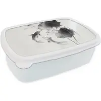 MuchoWow Broodtrommel Wit - Lunchbox Lotusbloemen - Vissen - Bladeren - Zwart - Brooddoos 18x12x6 cm - Brood lunch box - Broodtrommels voor kinderen en volwassenen