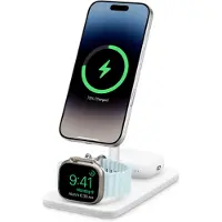 TwelveSouth HiRise 3 Deluxe 3-in-1 Qi2 Draadloze Oplader – Qi2 15W iPhone opladen – 5W Apple Watch/AirPods opladen – Incl. kabel + 36W USB-C lader – Incl. US, UK, EU, AU-adapters – Zwart - Wit