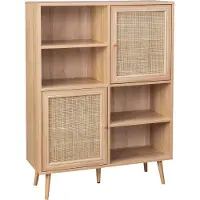 Sweeek Wandkast met 2 deuren 4 open vakken houtdecor en rotan 90cm Naturel