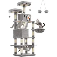 Hoppa! Songmics Krabpaal, 168 Cm Hoge Krabpaal Met 13 Krabpalen, 1 Krabhelling, 2 Platforms, 2 Grotten, Mand, Hangmat, Pompons, Kattenkrabpaal Met