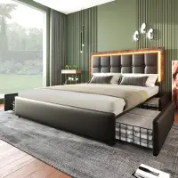 Merax Led-bedframe met verlichting en 4 lades - 160x200 cm - Verstelbaar hoofdeinde - Zwart PU (zonder matras)