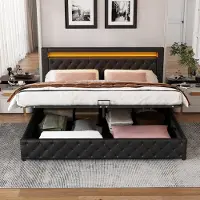 Merax Gestoffeerd Bed met LED-verlichting - 160 x 200 cm - Tweepersoonsbed - Opbergbed met Opbergruimte - Zonder matras - Zwart