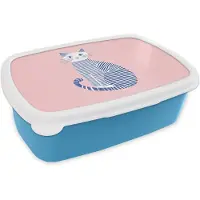 MuchoWow Broodtrommel Blauw - Lunchbox Kat - Illustratie - Minimalistisch - Roze - Brooddoos 18x12x6 cm - Brood lunch box - Broodtrommels voor kinderen en volwassenen