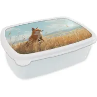 MuchoWow Broodtrommel Wit - Lunchbox Vos - Gras - Wolken - Oranje - Brooddoos 18x12x6 cm - Brood lunch box - Broodtrommels voor kinderen en volwassenen