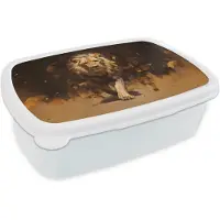 MuchoWow Broodtrommel Wit - Lunchbox Leeuw - Geschilderd - Abstract - Goud - Brooddoos 18x12x6 cm - Brood lunch box - Broodtrommels voor kinderen en volwassenen