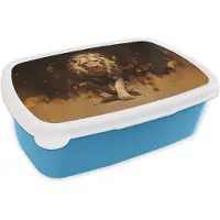 MuchoWow Broodtrommel Blauw - Lunchbox Leeuw - Geschilderd - Abstract - Goud - Brooddoos 18x12x6 cm - Brood lunch box - Broodtrommels voor kinderen en volwassenen