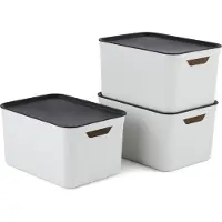 Rotho Jive opbergboxen set van 3 Opbergdozen 16 L met Deksel, Kunststof (PP Gerecycled), Wit/Antraciet, 3 x 16 L (37,5 x 27,8 x 29,8 cm)