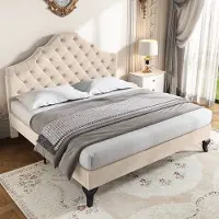 Merax Gestoffeerd bed - 140 x 190 cm - Tweepersoonsbed - Verstelbaar hoofdeinde - Zonder matras - Beige