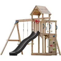 Axi Moos Compleet Speeltoestel met 2 Schommels, Touwladder | Speeltoren tuin met schommels/zandbak/klimmuur/Glijbaan Grijs| Speelhuis van hout op palen voor buiten