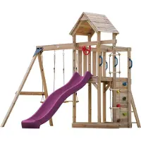 Axi Moos Compleet Speeltoestel met 2 Schommels, Touwladder | Speeltoren tuin met schommels/zandbak/klimmuur/Glijbaan Paars| Speelhuis van hout op palen voor buiten