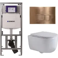 Geberit QeramiQ Dely Swirl Toiletset - 36.3x51.7cm - UP320 inbouwreservoir - met Burda frame - slim zitting - koperen bedieningsplaat - rechthoekige knoppen - wit glans