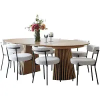 Ebuy24 Tokyo eethoek eettafel incl. 2 verlengbladen Ø120x120-160-200cm eikenfineer en 6 stoelen bouclé wit.