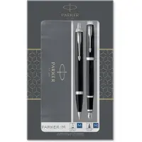 Parker IM duo geschenkset met balpen en vulpen | glanzend zwart met chromen afwerking | inktnavulling en inktpatroon met blauwe inkt | cadeauverpakking
