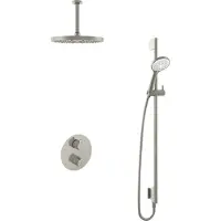Hotbath Cobber IBS20A inbouw regendoucheset met ronde handdouche aan glijstang en 30cm ronde hoofddouche aan 15cm plafondarm geborsteld nikkel
