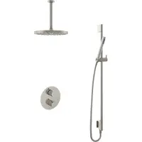 Hotbath Cobber IBS20A inbouw regendoucheset met staafhanddouche aan glijstang en 30cm ronde hoofddouche aan 30cm plafondarm geborsteld nikkel