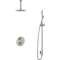 Hotbath Cobber IBS20A inbouw regendoucheset met staafhanddouche aan glijstang en 20cm ronde hoofddouche aan 15cm plafondarm geborsteld nikkel
