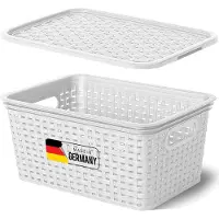 Novaliv opbergbox met deksel, kleine mand van 5 liter, wit in rotandesign, voedselveilige opbergmand, stapelbare box, nestbare kunststof, BPA-vrije box, stofbox met deksel