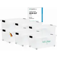 Novaliv 6x opbergdozen met deksel, groot 45L, transparant, nestbaar, stapelbaar met clipsluiting, rolboxen, kunststof, BPA-vrij, 61x40x26 cm