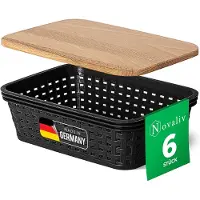 Novaliv set van 6 opbergdozen met houten deksels, mini 1L mand, zwart in rotan design, voedselveilige opbergmand, stapelbare dozen, nestbare kunststof, BPA-vrije doos, stofbakken met deksel