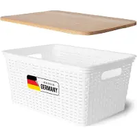 Novaliv opbergdoos met houten deksel, grote mand 14L, wit in rotandesign, voedselveilige opbergmand, stapelbare doos, nestbare kunststof, BPA-vrije doos, stofbak met deksel