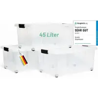 Novaliv 3x opbergdozen met deksel, groot 45L, transparant, nestbaar, stapelbaar met clipsluiting, rolboxen, kunststof, BPA-vrij, 61x40x26 cm