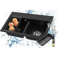 Granitan Spoelbakken Keuken Granieten Duet - Dubbele Spoelbak - met Sifon - 75,6x44,7x18cm - Zwart