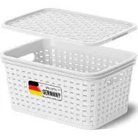 Novaliv opbergdoos met deksel Mini 2L mand wit in rotan design Voedselveilige opbergmand Stapelbare doos Nestbare kunststof BPA-vrije doos Stofbox met deksel