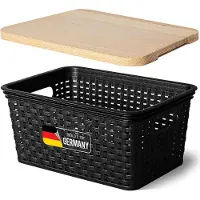 Novaliv opbergdoos met houten deksel, kleine mand van 5 liter, zwart in rotandesign, voedselveilige opbergmand, stapelbare doos, nestbare kunststof, BPA-vrije doos, stofbox met deksel