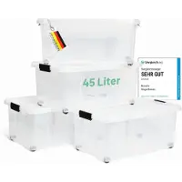 Novaliv 4x opbergdozen met deksel, groot 45L, transparant, nestbaar, stapelbaar met clipsluiting, rolboxen, kunststof, BPA-vrij, 61x40x26 cm