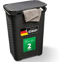 Novaliv Set van 2 rotan wasmanden met deksel 60L zwart, wasboxset wasemmer wascontainer modern voor badkamer was vuile was, wasmanden vuile wascontainer opvangmand
