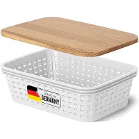 Novaliv opbergdoos met houten deksel Mini 1L mand wit in rotan design Voedselveilige opbergmand Stapelbare doos Nestbare kunststof BPA-vrije doos Stofbox met deksel