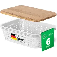 Novaliv set van 6 opbergdozen met houten deksels, mini 1L mand, wit in rotan design, voedselveilige opbergmand, stapelbare dozen, nestbare kunststof, BPA-vrije doos, stofbakken met deksel