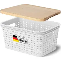 Novaliv opbergdoos met houten deksel Mini 2L mand wit in rotan design Voedselveilige opbergmand Stapelbare doos Nestbare kunststof BPA-vrije doos Stofbox met deksel