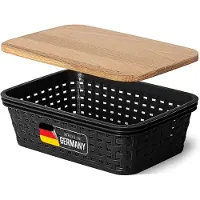 Novaliv opbergdoos met houten deksel Mini 1L mand Zwart in rotan design Voedselveilige opbergmand Stapelbare doos Nestbare kunststof BPA-vrije doos Stofbox met deksel