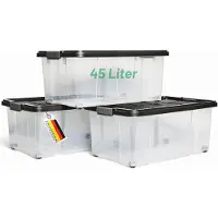 Novaliv 3x Opbergdozen met deksel Groot 45L Antraciet Nestbaar Stapelbaar met clipsluiting Rolboxen Kunststof BPA-vrij 61x40x26 cm