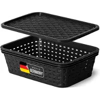 Novaliv opbergdoos met deksel Mini 1L mand Zwart in rotan design Voedselveilige opbergmand Stapelbare doos Nestbare kunststof BPA-vrije doos Stofbox met deksel