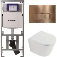 Geberit QeramiQ Dely Toiletset - 36.3x51.7cm - diepspoel - rimless - UP320 inbouwreservoir - softclose toilet zitting 35 mm - koperen bedieningsplaat - rechthoekige knoppen - mat wit