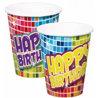Folat 24x stuks Happy Birthday thema verjaardag bekertjes van papier - Feestbekertjes