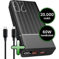 Basey . Powerbank 20000 mAh - USB C & USB A - Snellader 22.5W - Inclusief 60W Laadkabel 1,5m - LED Display - Noodpakket Power Delivery - Zwart