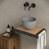 Guido Gusto Toiletmeubel frame zwart plateau eiken inclusief waskom mini grijs met handoekbeugel Berdine 36x22.5x5cm rechts