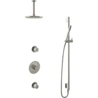 Hotbath Cobber IBS20 inbouw regendoucheset met staafhanddouche aan glijstang en 20cm ronde hoofddouche aan 15cm plafondarm geborsteld nikkel