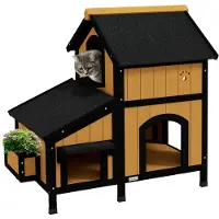 PawHut Katzenhaus, Tannenholz, Katzenhütte mit mehreren Eingängen, 2 Etagen, Katzenhöhle für draußen, Kleintierhaus mit Asphaltadach, Blumenkasten, winterfest, Erhöhtes Design, Gelb, 96 x 65 x 85,5 cm