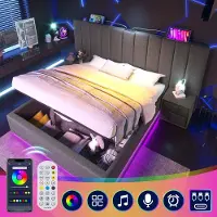 Merax Kingsize Tweepersoonsbed 180x200 cm met Opbergruimte en LED Verlichting Via Afstandsbediening - Gestoffeerd Bed met USB-C Oplaadfunctie - Grijs