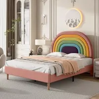 Merax Gestoffeerd bed 140 x 200 cm - jeugdbed - Tweepersoonsbed - houten lattenondersteuning - verstelbaar hoofdeinde - Roze