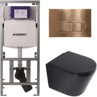 Geberit QeramiQ Dely Toiletset - 36.3x51.7cm - diepspoel - rimless - UP320 inbouwreservoir - softclose toilet zitting 35 mm - koperen bedieningsplaat - rechthoekige knoppen - mat zwart