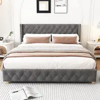 Merax 140 x 190 cm Gestoffeerd bed - Tweepersoonsbed - Houten poten - Zonder matras - Fluweel - Grijs
