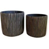 DK Design Daan Kromhout - Bloempot - Set van 2 - Steen - Robuust - Zwart met Goud - 17x16 en 15x14cm